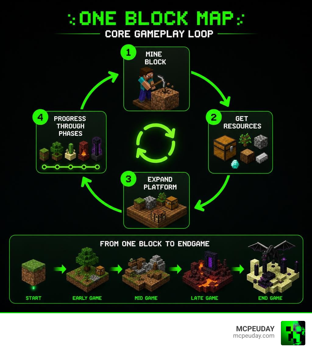One Block Map core gameplay loop: mine block, get resources, expand platform, progress through phases infographic One Block Map core gameplay loop: mine block, get resources, expand platform, progress through phases infographic