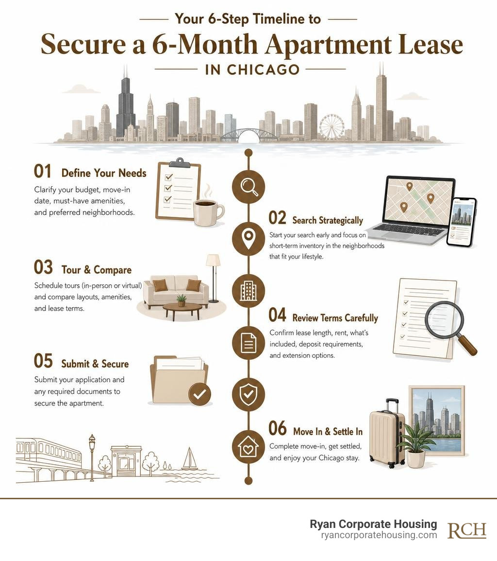 Timeline infographic for securing a 6-month apartment lease in Chicago step by step infographic Timeline infographic for securing a 6-month apartment lease in Chicago step by step infographic