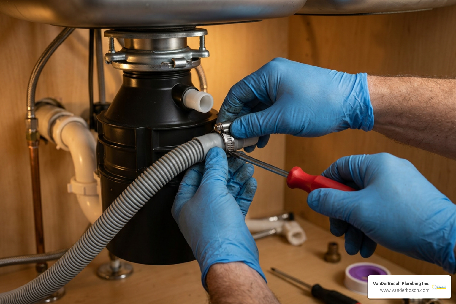 Securing the dishwasher drain hose to the disposal inlet port with a clamp Securing the dishwasher drain hose to the disposal inlet port with a clamp