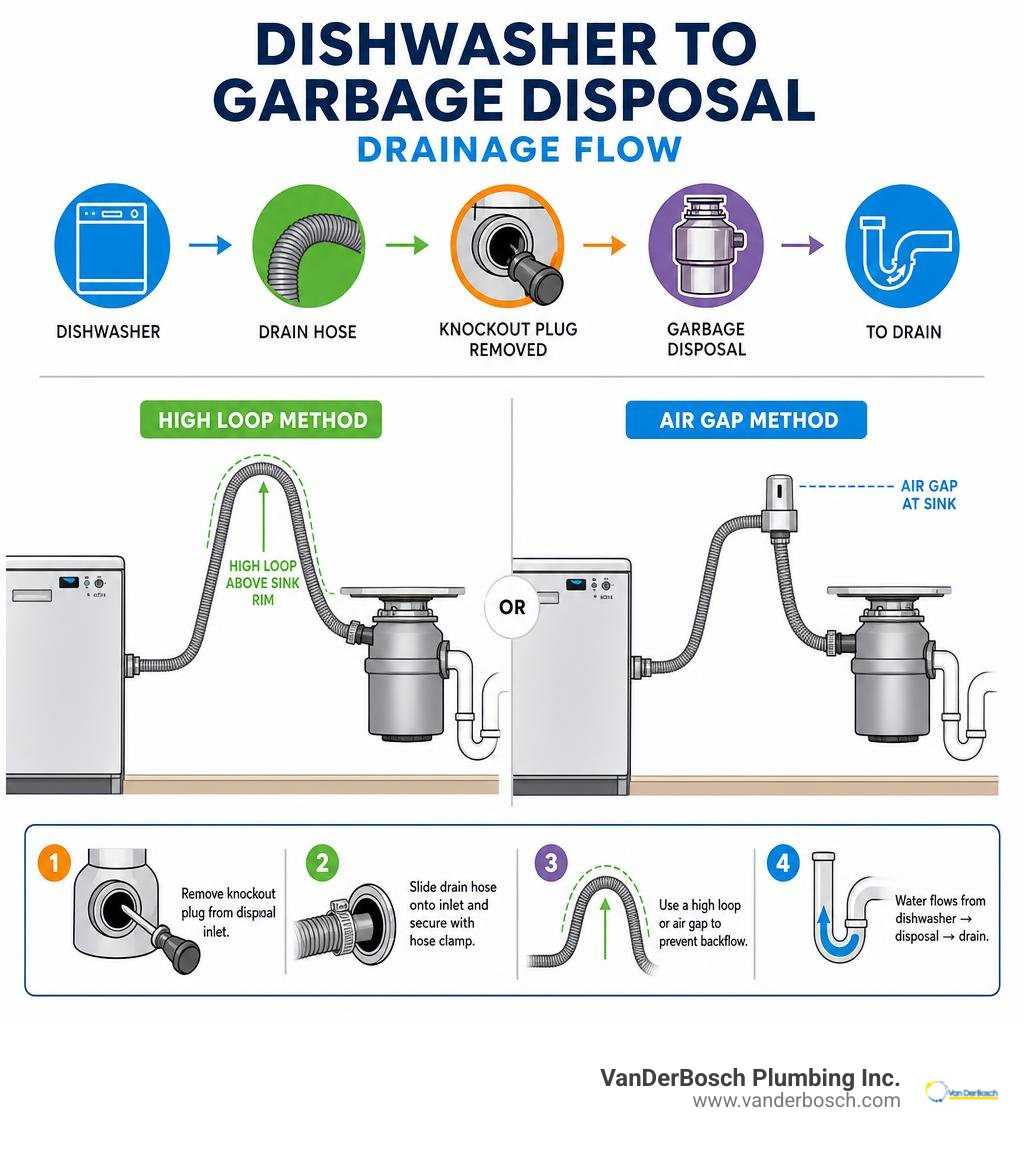 Dishwasher to garbage disposal drainage flow infographic showing drain hose, knockout plug, high loop, air gap infographic Dishwasher to garbage disposal drainage flow infographic showing drain hose, knockout plug, high loop, air gap infographic