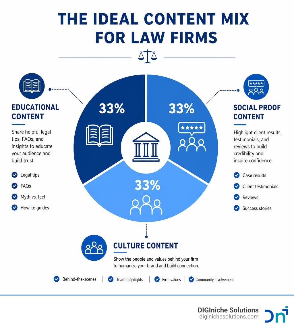 Infographic showing the ideal content mix for law firms: educational posts, social proof, and culture content infographic
