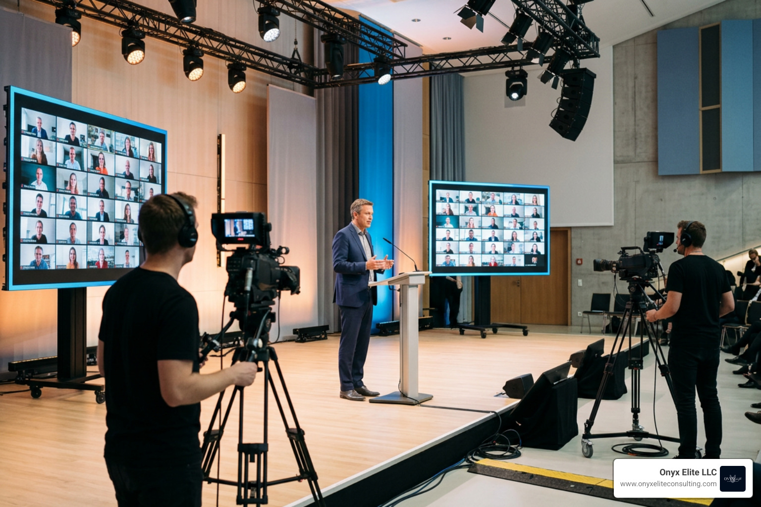 A modern hybrid event setup featuring an in-person stage and digital streaming monitors