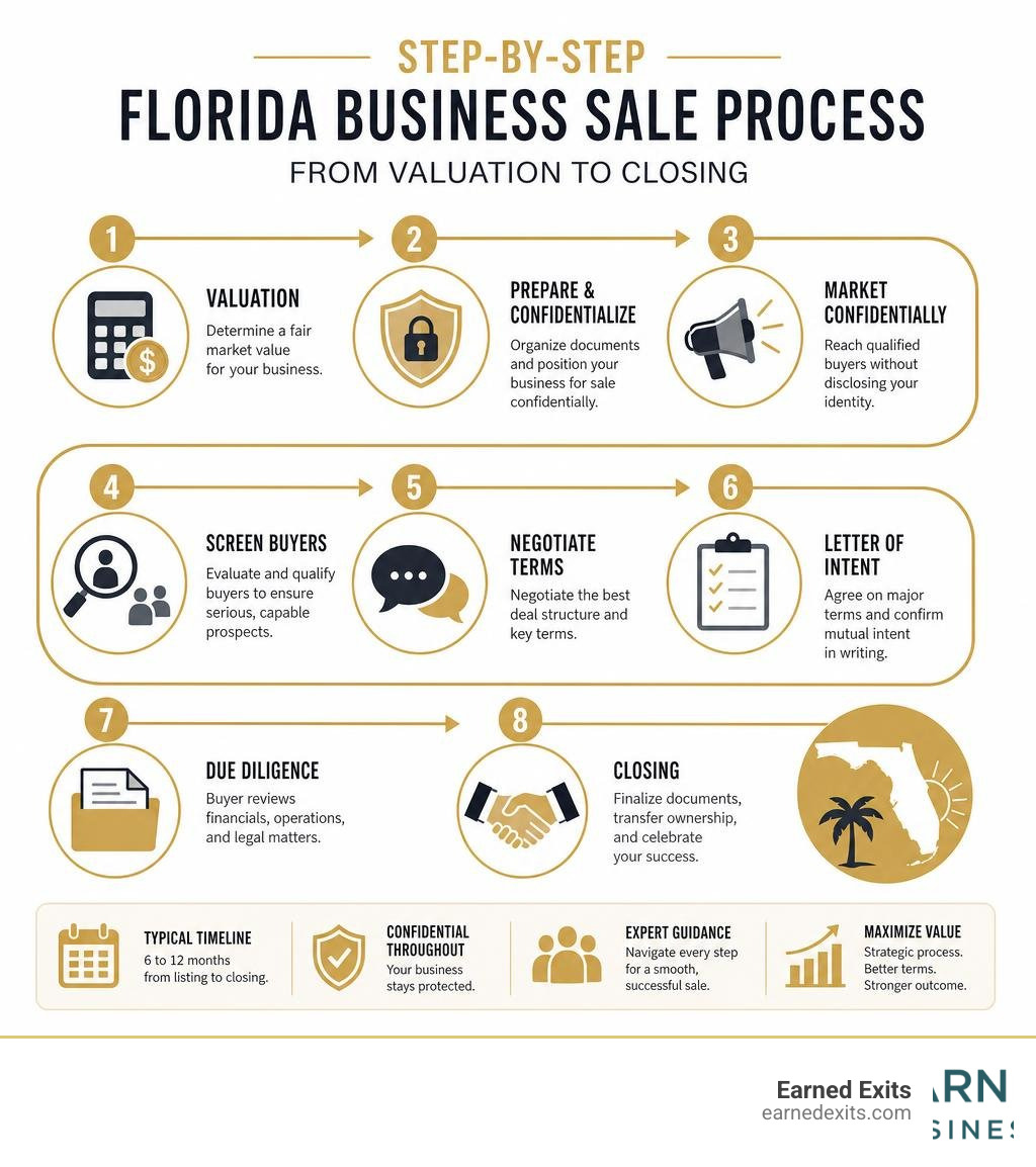 Step-by-step Florida business sale process from valuation to closing infographic Step-by-step Florida business sale process from valuation to closing infographic