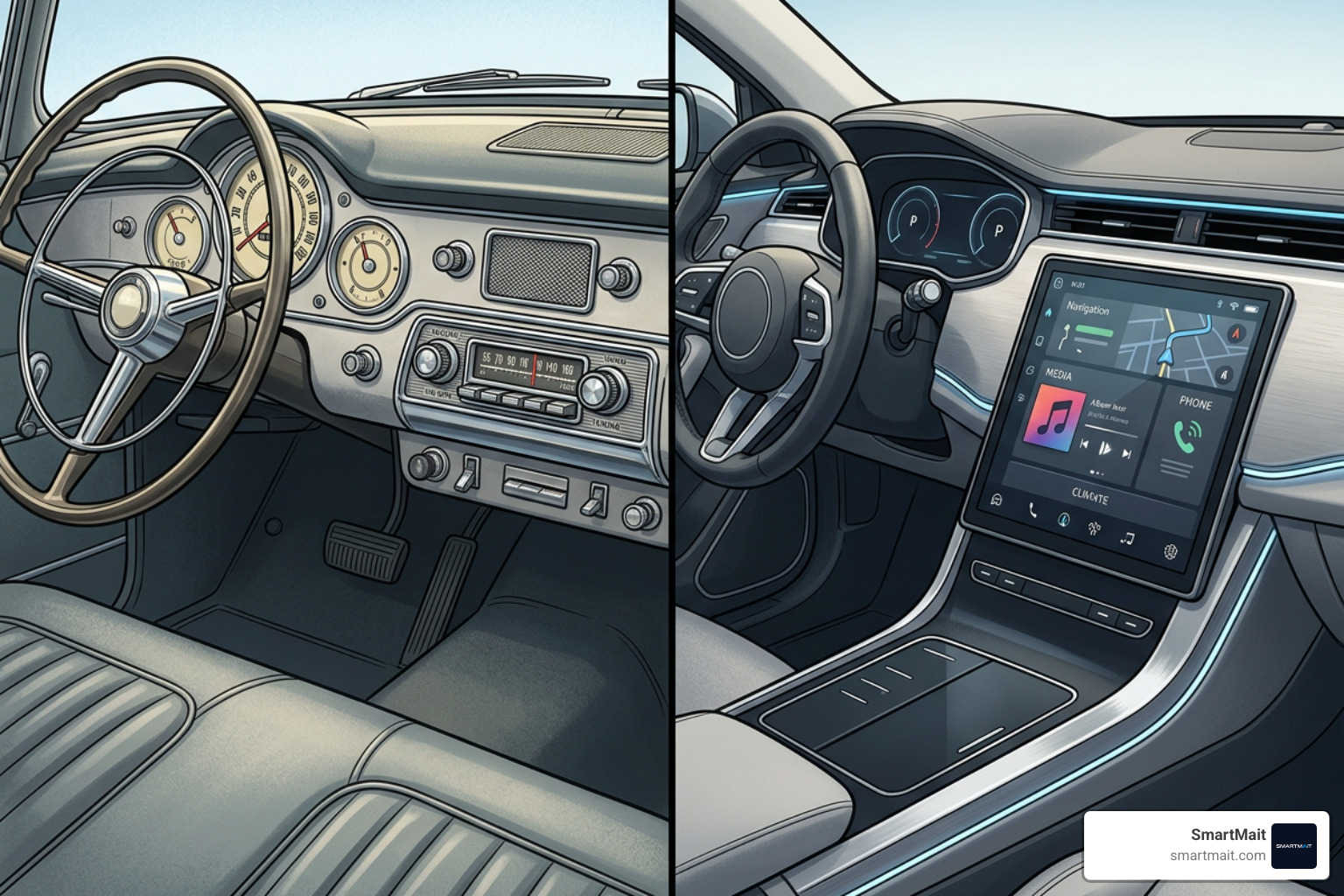 evolution of classic car radio to modern touchscreen dashboard