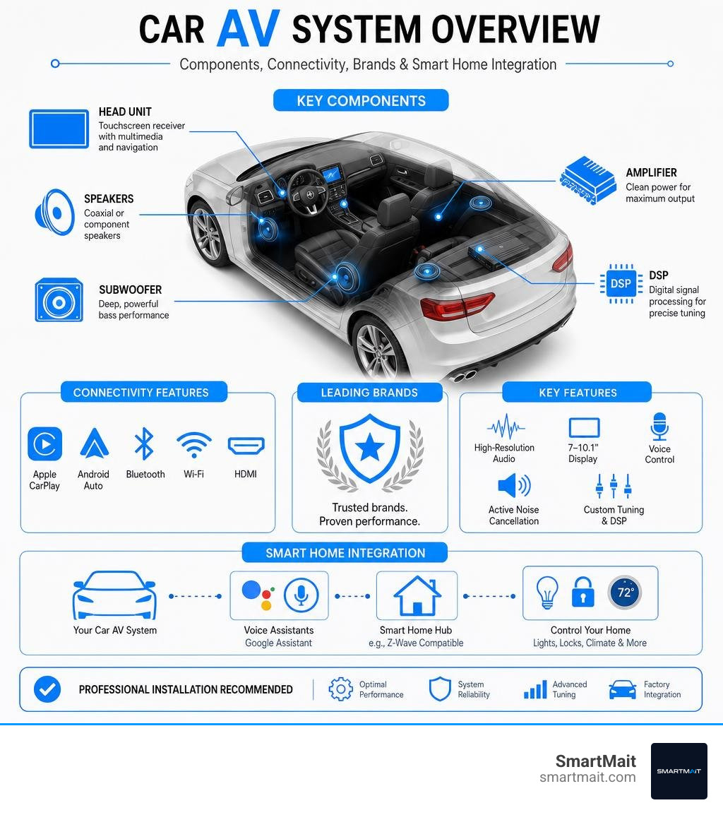 Infographic: Car AV system components, connectivity features, brands, and smart home integration overview infographic