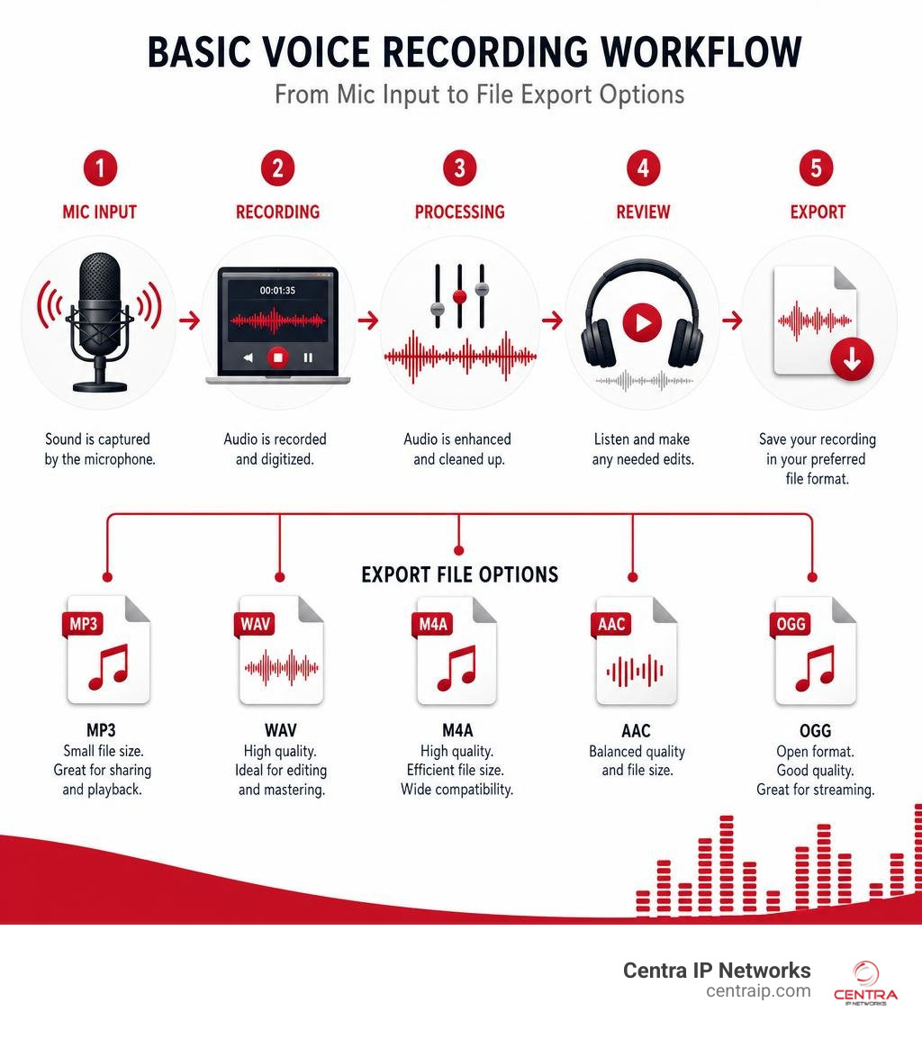 Basic voice recording workflow from mic input to file export options infographic Basic voice recording workflow from mic input to file export options infographic