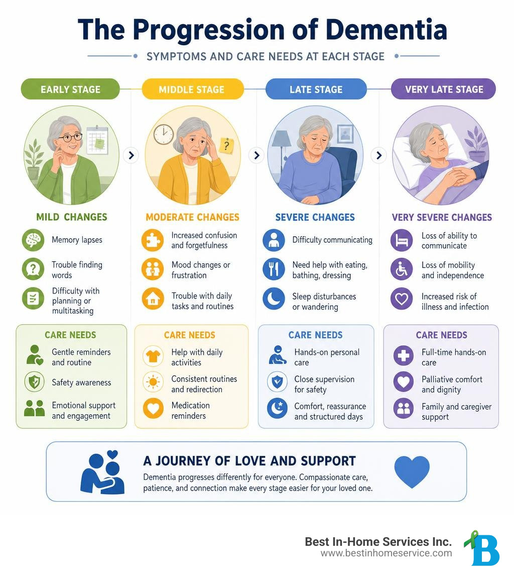 Progression of dementia symptoms from early to late stage with care needs at each stage infographic