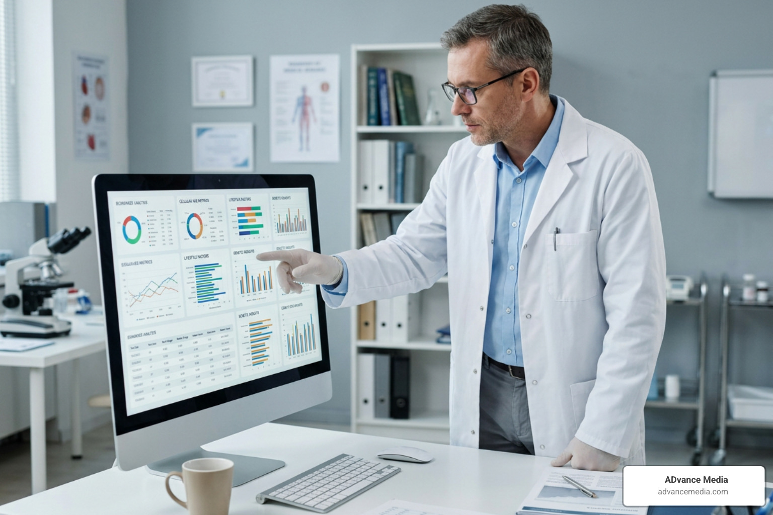 A physician analyzing biomarker data and biological age metrics A physician analyzing biomarker data and biological age metrics