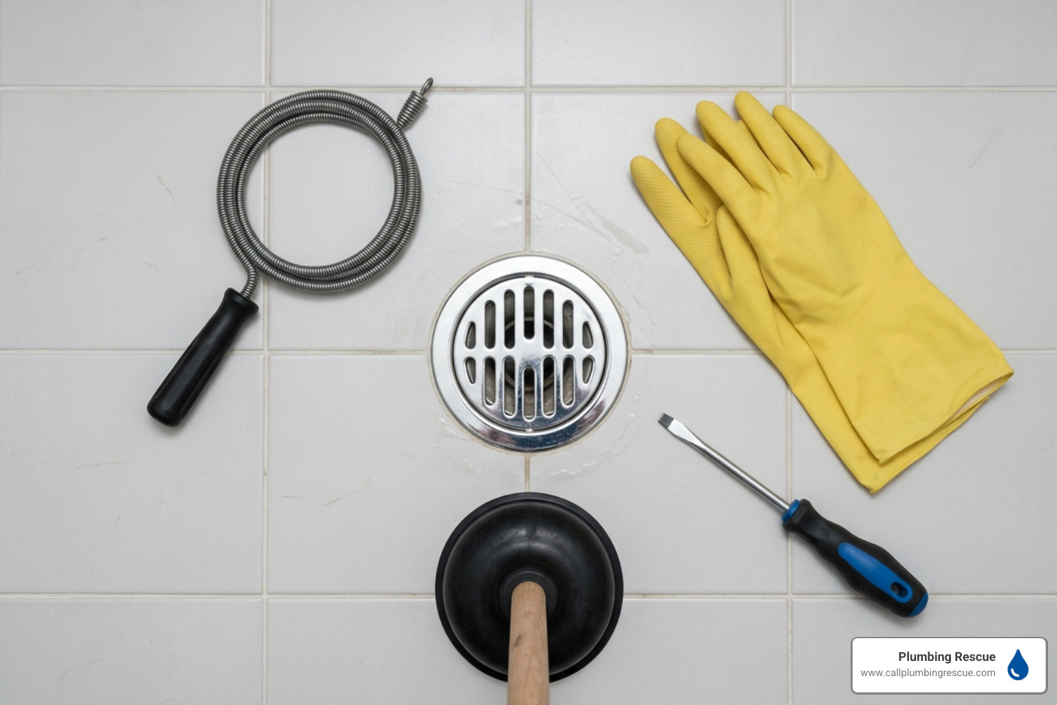 Tools needed to clear a blocked floor drain including plungers, snakes, and gloves Tools needed to clear a blocked floor drain including plungers, snakes, and gloves