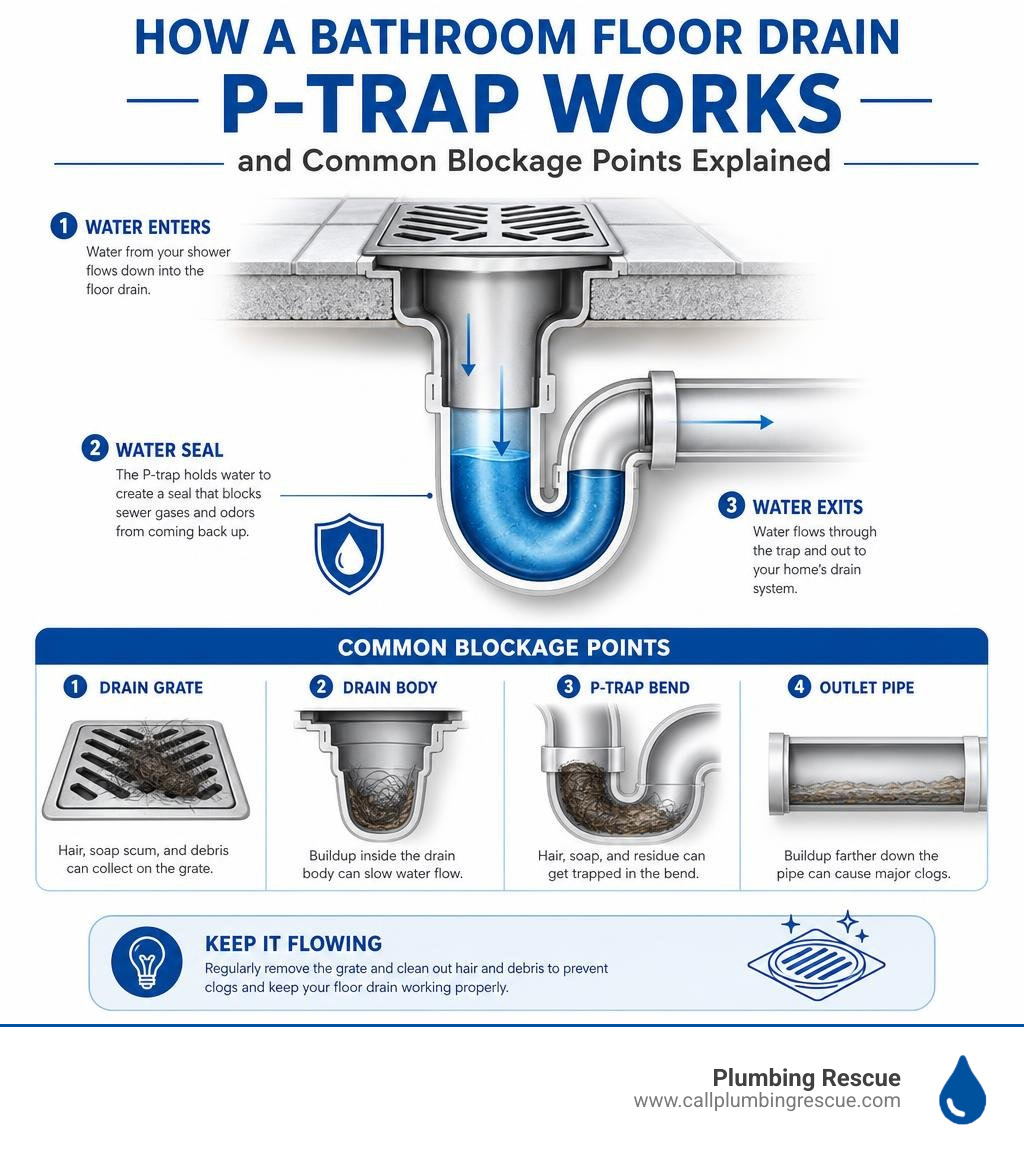 How a bathroom floor drain P-trap works and common blockage points explained infographic How a bathroom floor drain P-trap works and common blockage points explained infographic