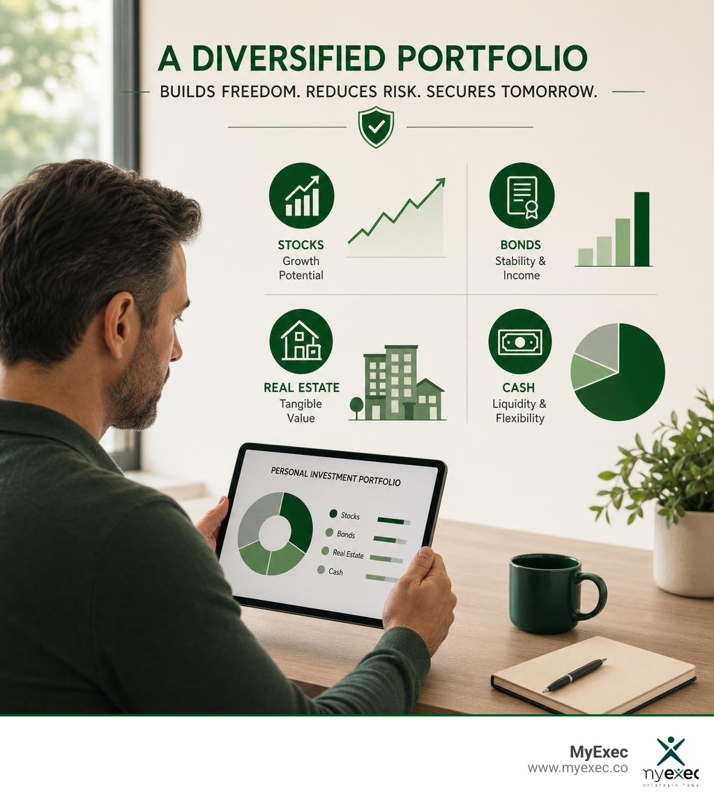 A business owner reviewing a diversified personal investment portfolio across stocks, bonds, real estate, and cash A business owner reviewing a diversified personal investment portfolio across stocks, bonds, real estate, and cash