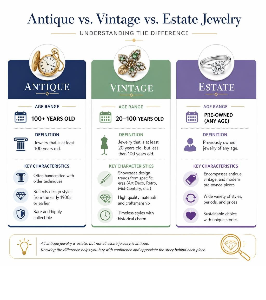 Difference between antique, vintage, and estate jewelry — definitions, age ranges, and key characteristics infographic