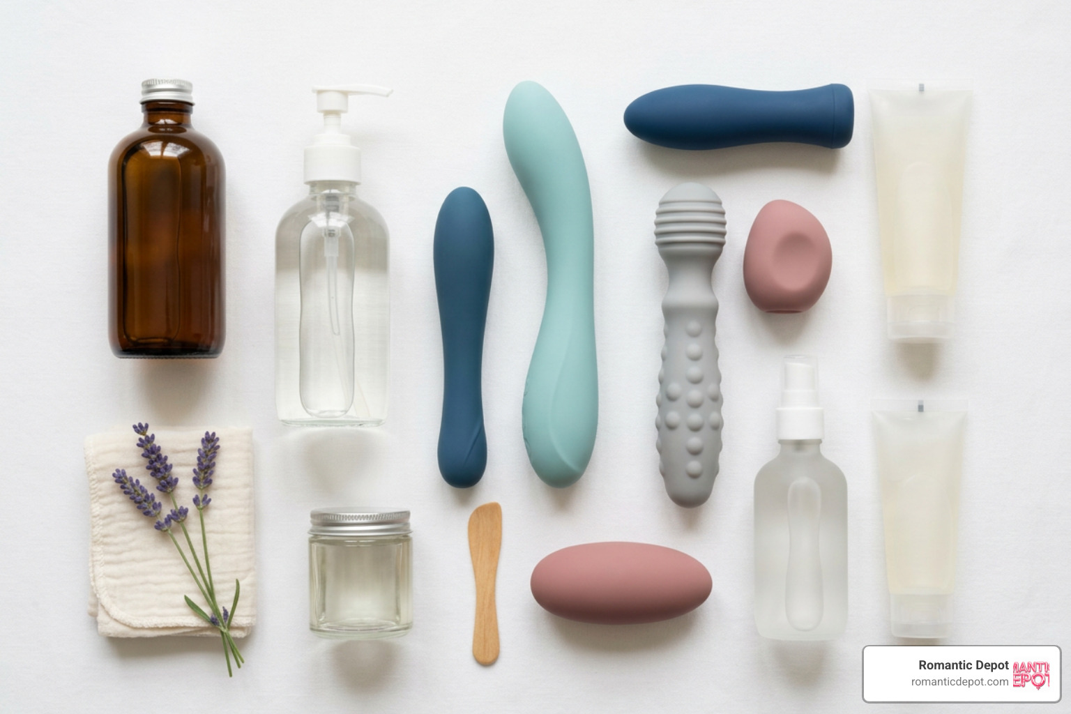 A flat-lay of body-safe organic lubricants and medical-grade silicone intimate products A flat-lay of body-safe organic lubricants and medical-grade silicone intimate products