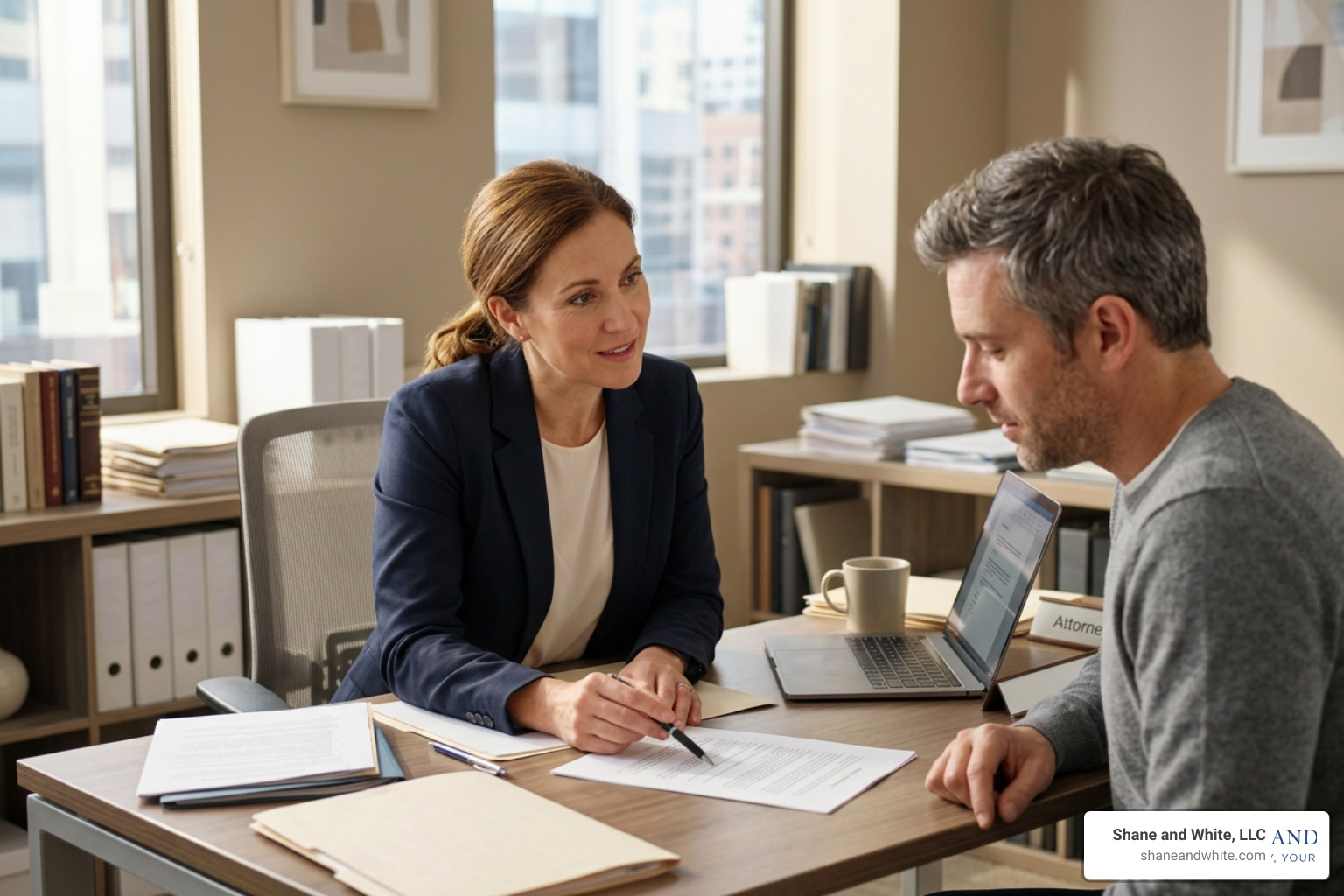 A compassionate family lawyer sitting with a client, reviewing court documents and explaining options