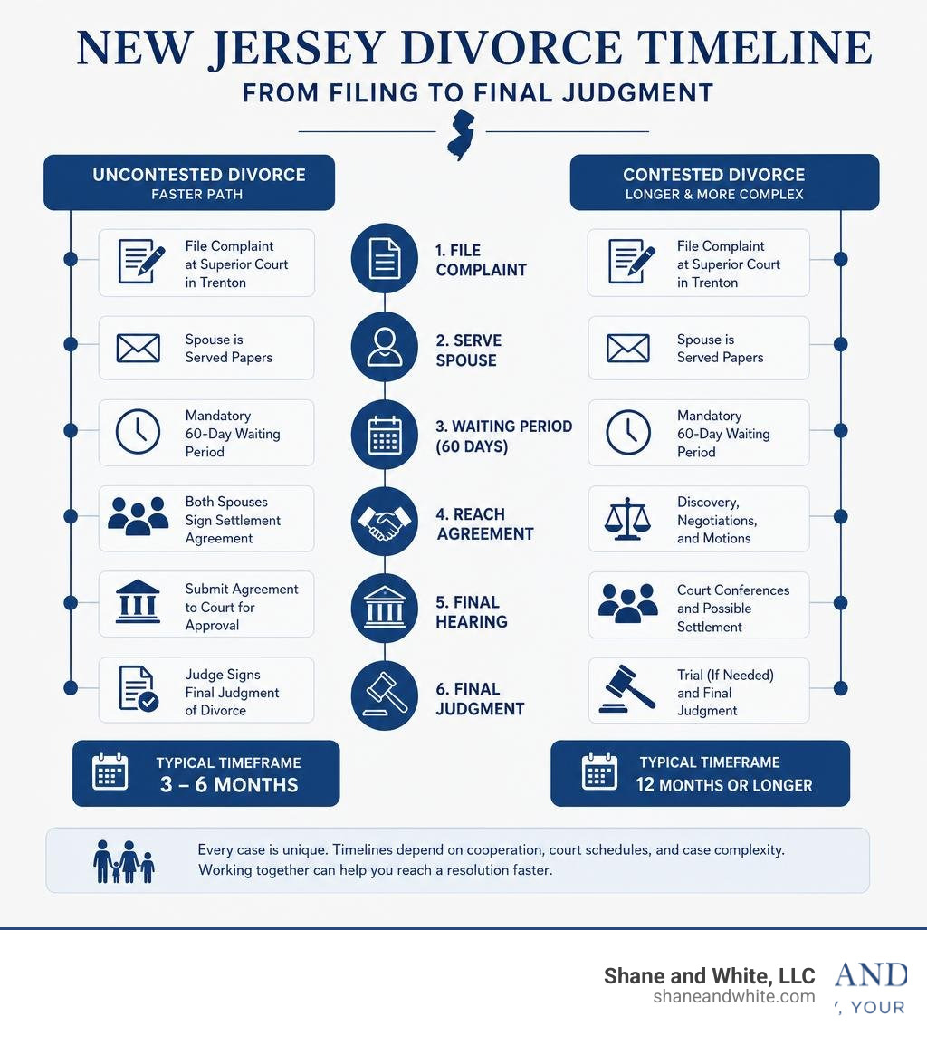 New Jersey divorce timeline infographic from filing to final judgment, uncontested vs contested infographic