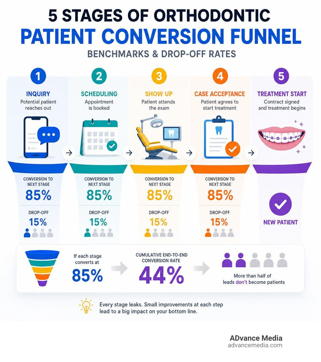5 stages of orthodontic patient conversion funnel with benchmarks and drop-off rates infographic 5 stages of orthodontic patient conversion funnel with benchmarks and drop-off rates infographic