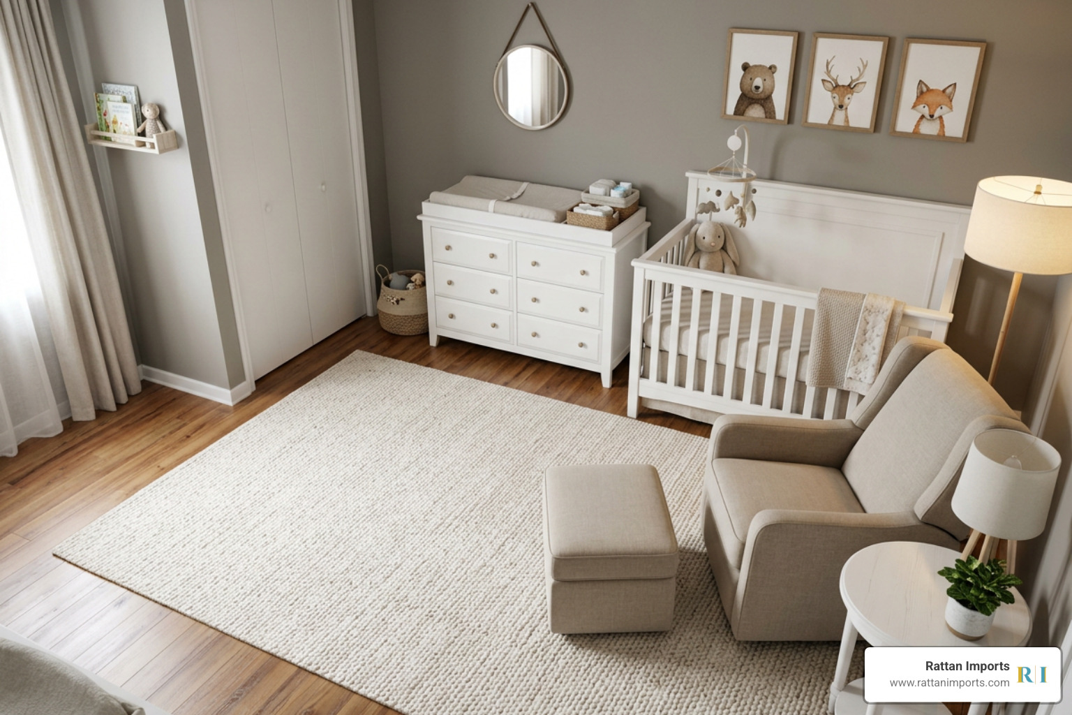 Compact nursery layout showing glider and ottoman placement with clear pathways Compact nursery layout showing glider and ottoman placement with clear pathways