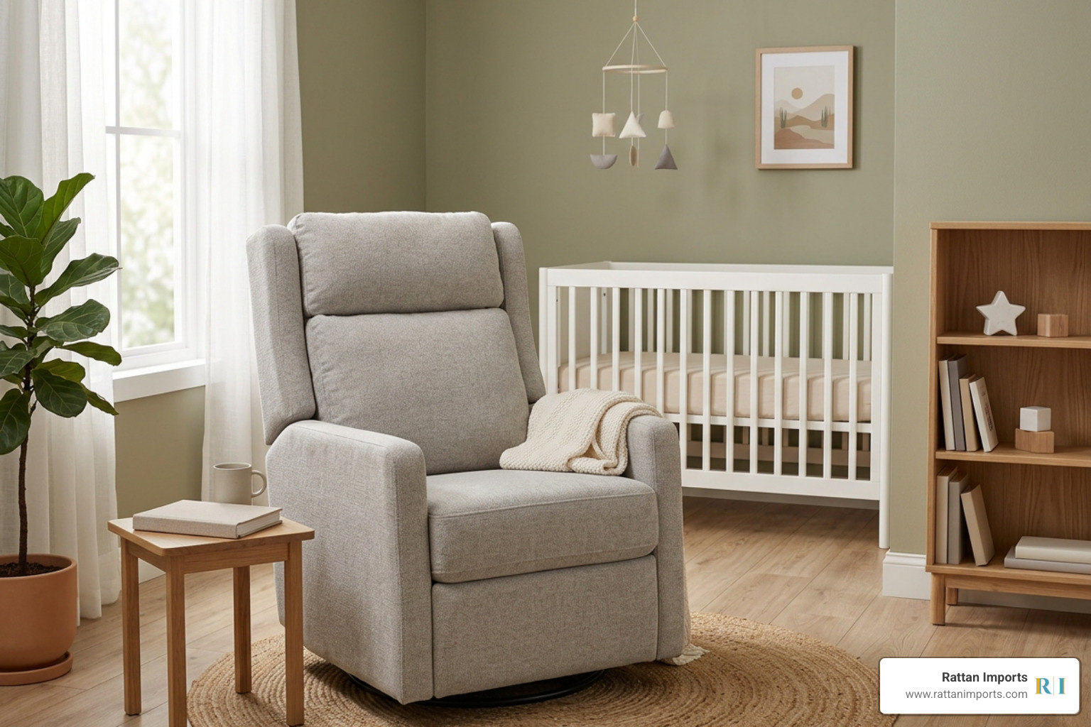 Ergonomic nursery seating with supportive cushions and high backrest Ergonomic nursery seating with supportive cushions and high backrest