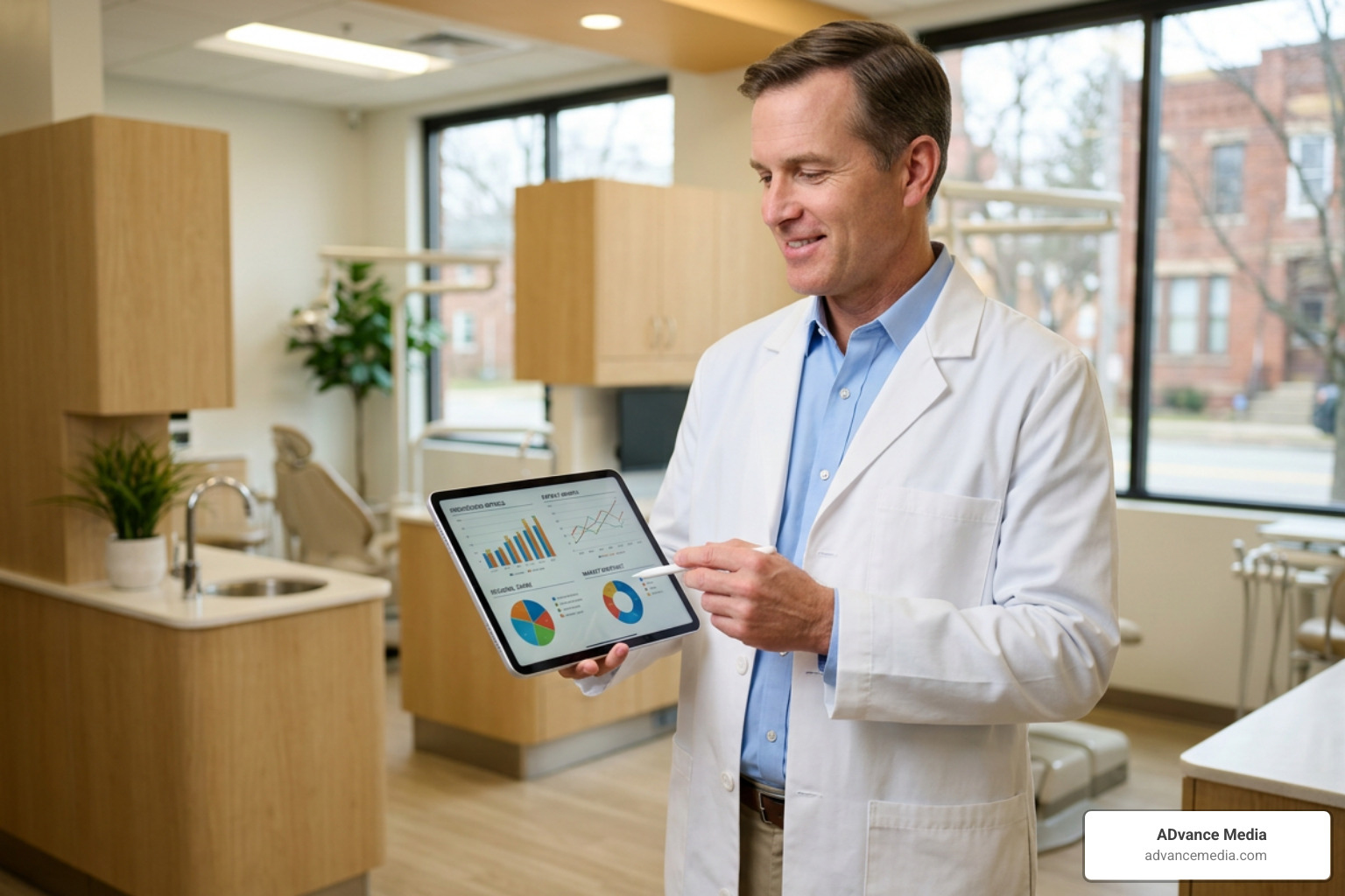 orthodontist reviewing growth metrics and local market dominance data orthodontist reviewing growth metrics and local market dominance data