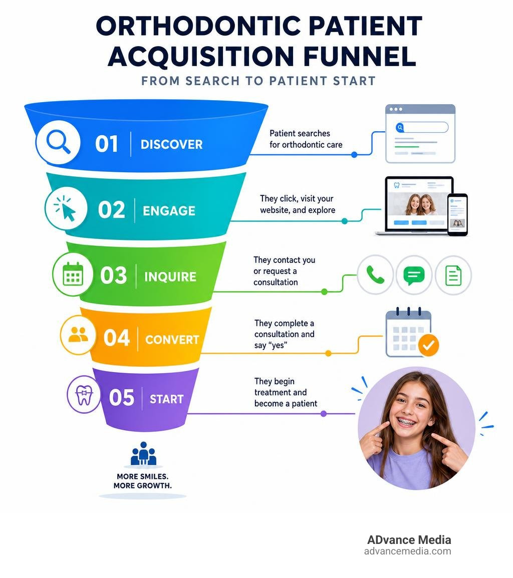 orthodontic patient acquisition funnel from search to patient start with key stages infographic orthodontic patient acquisition funnel from search to patient start with key stages infographic