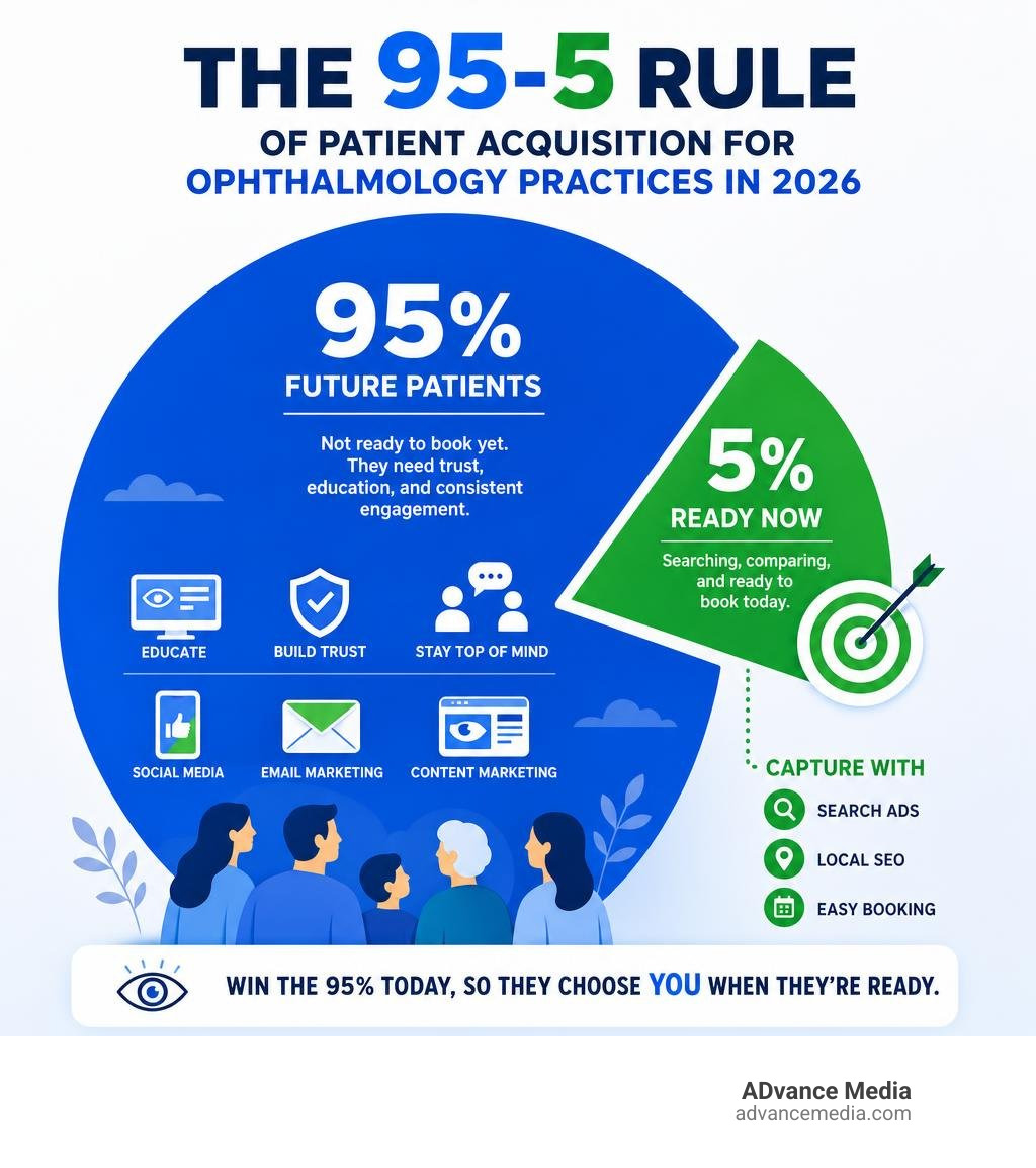 The 95-5 rule of patient acquisition for ophthalmology practices in 2026 infographic The 95-5 rule of patient acquisition for ophthalmology practices in 2026 infographic