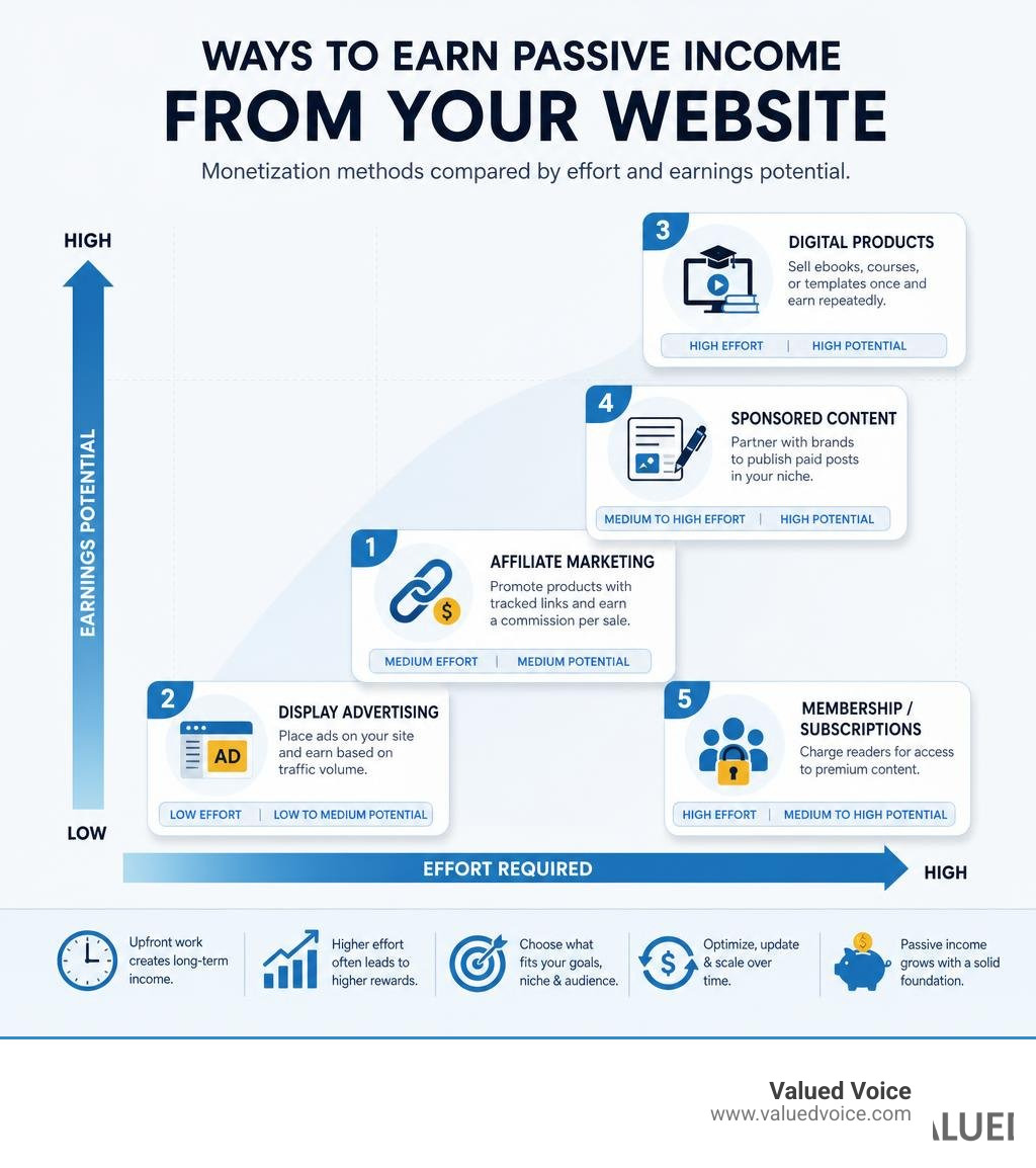 Ways to earn passive income from a website, monetization methods compared by effort and earnings potential infographic Ways to earn passive income from a website, monetization methods compared by effort and earnings potential infographic