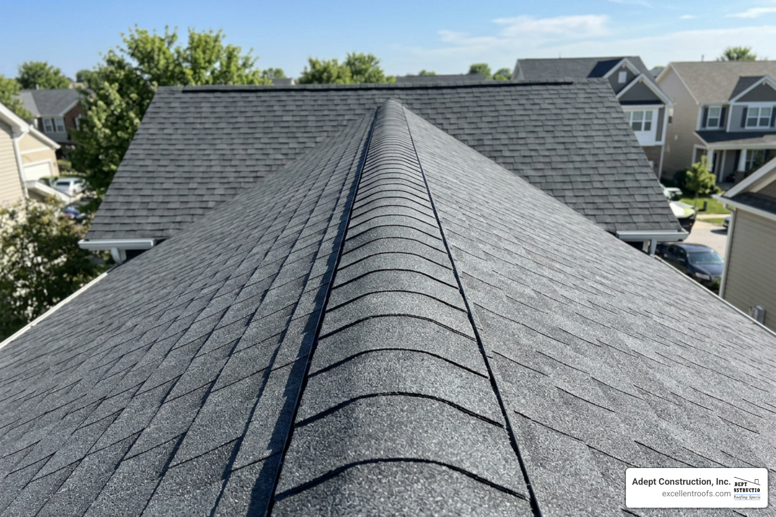A newly completed roof ridge cap with matching shingles and perfect alignment A newly completed roof ridge cap with matching shingles and perfect alignment