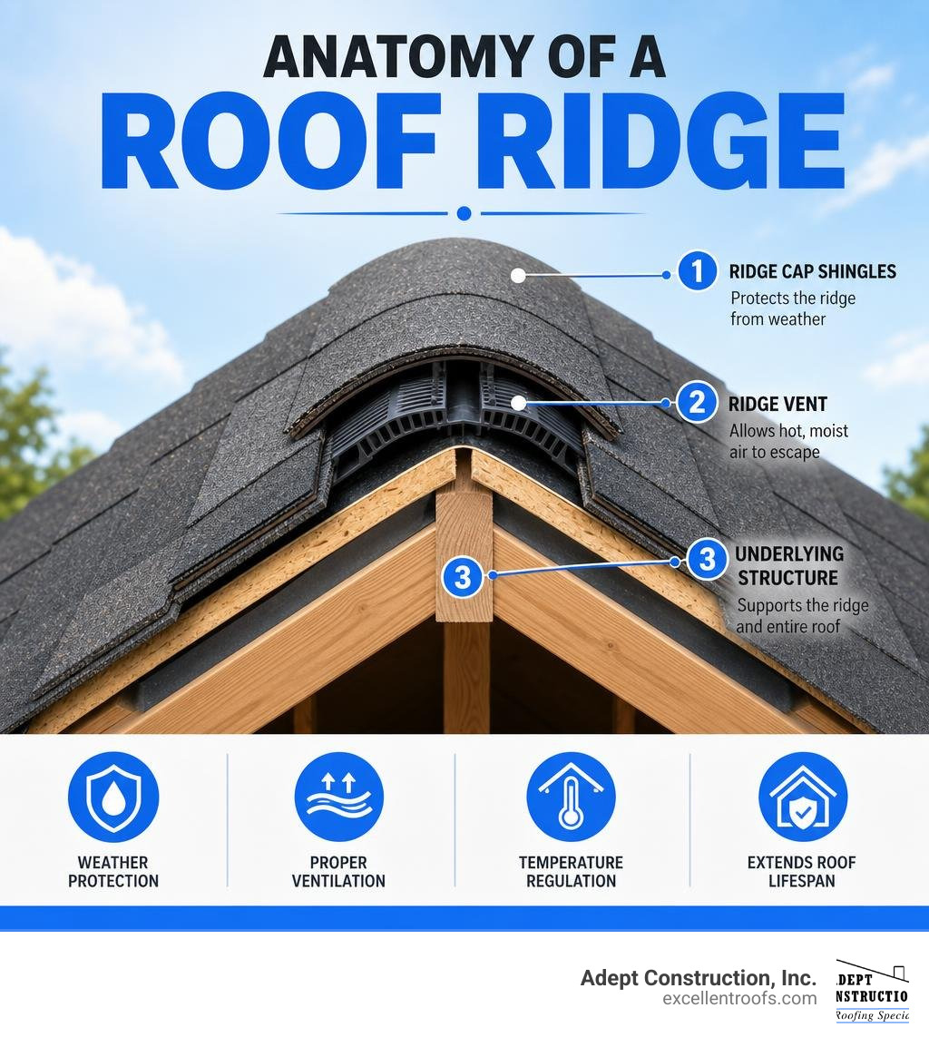 Anatomy of a roof ridge showing ridge cap shingles, ridge vent, and underlying structure infographic Anatomy of a roof ridge showing ridge cap shingles, ridge vent, and underlying structure infographic