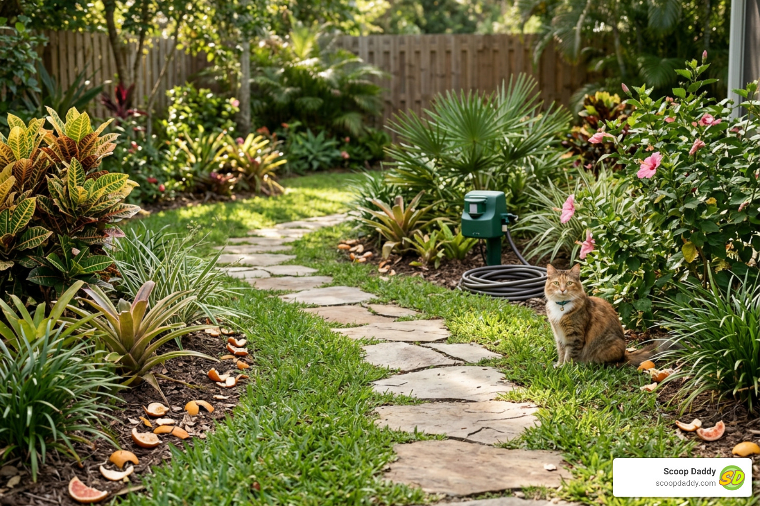 A clean garden path with humane cat deterrents and a cat nearby A clean garden path with humane cat deterrents and a cat nearby