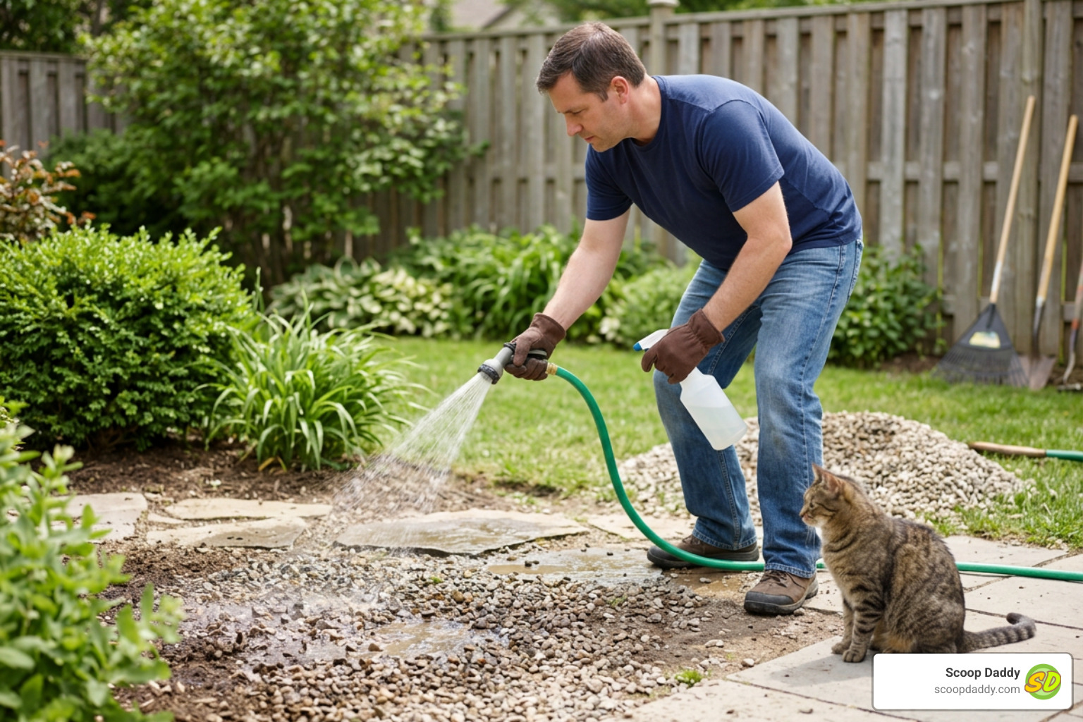 Homeowner rinsing outdoor gravel and soil with a cat nearby Homeowner rinsing outdoor gravel and soil with a cat nearby