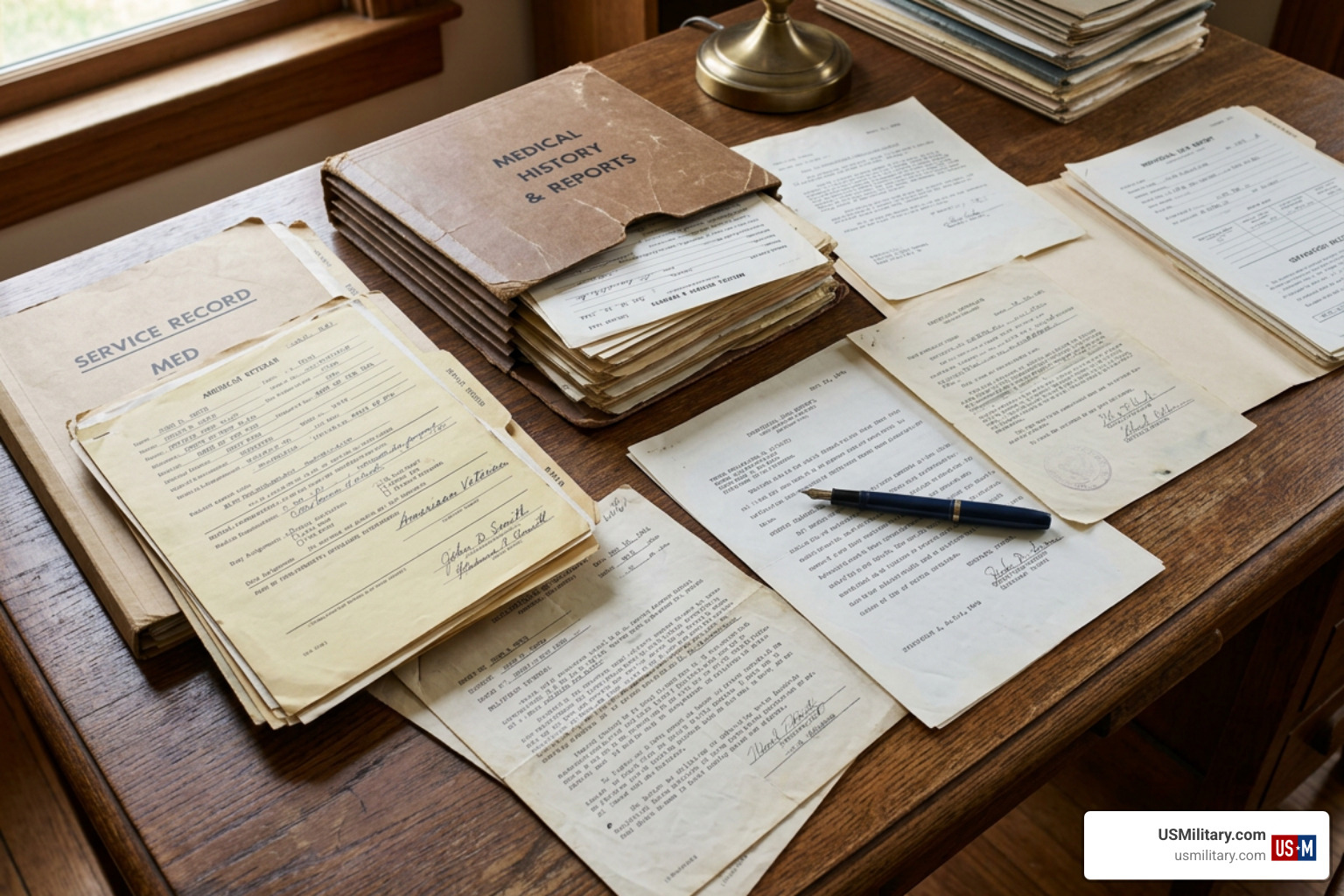 Historical military service records and medical files laid out on a wooden desk Historical military service records and medical files laid out on a wooden desk