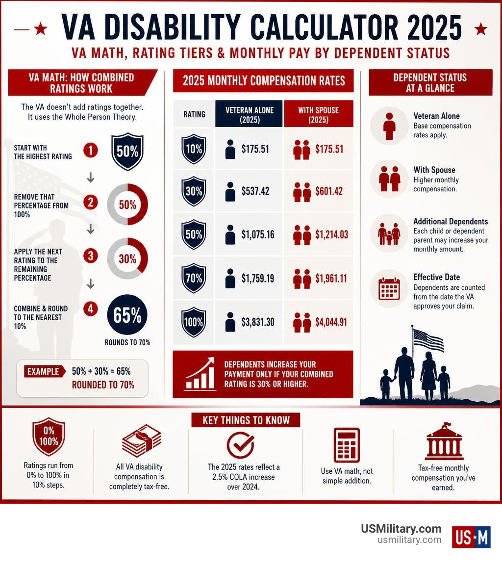 VA disability calculator 2025 infographic showing VA math, rating tiers, and monthly pay by dependent status infographic VA disability calculator 2025 infographic showing VA math, rating tiers, and monthly pay by dependent status infographic