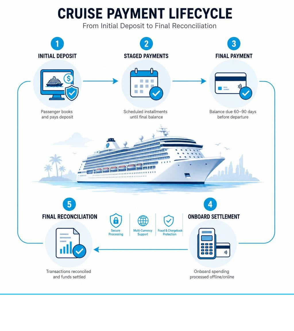 Cruise payment lifecycle from initial deposit to onboard settlement and final reconciliation infographic Cruise payment lifecycle from initial deposit to onboard settlement and final reconciliation infographic