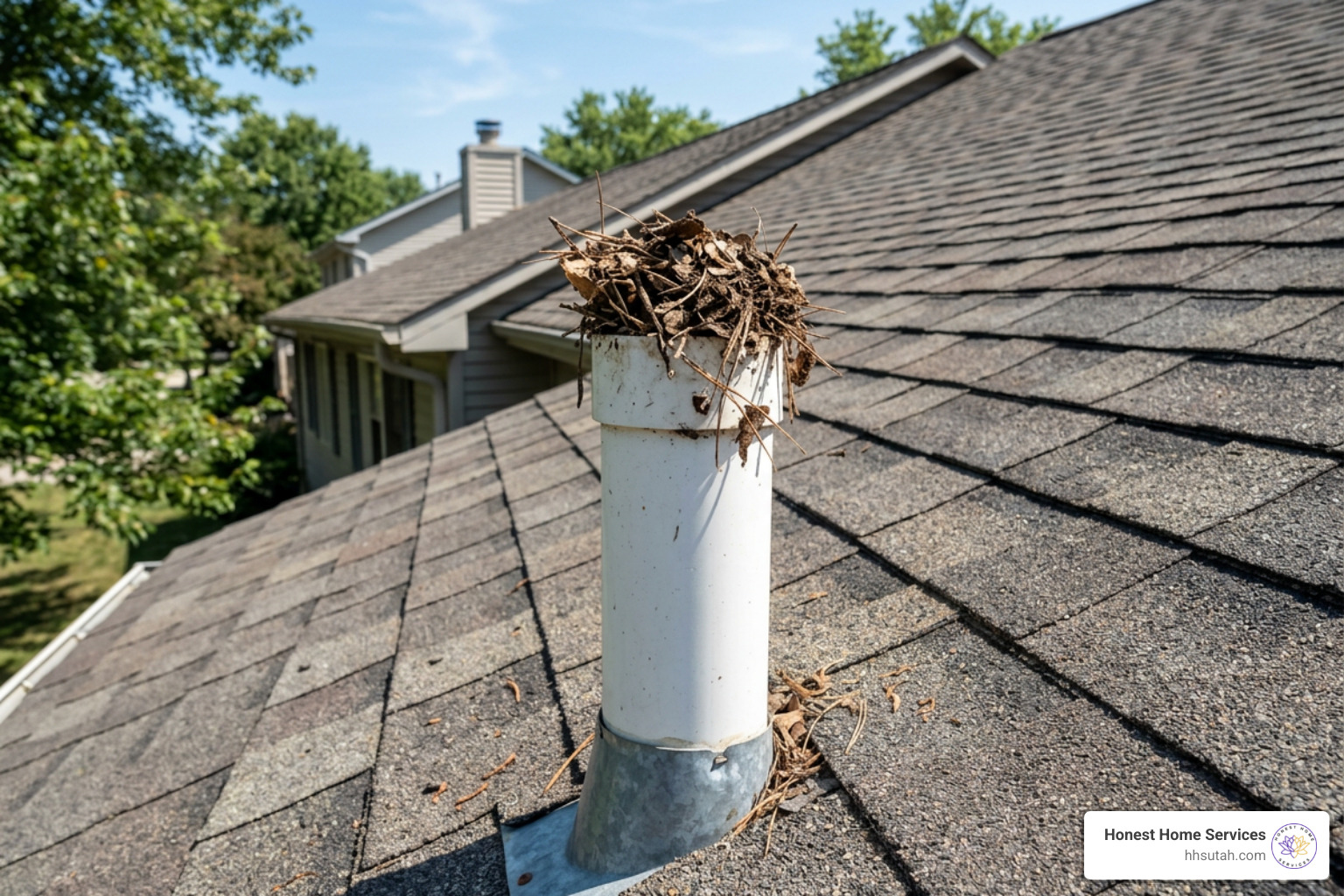 A clogged roof vent stack filled with dried leaves and debris, preventing proper airflow A clogged roof vent stack filled with dried leaves and debris, preventing proper airflow