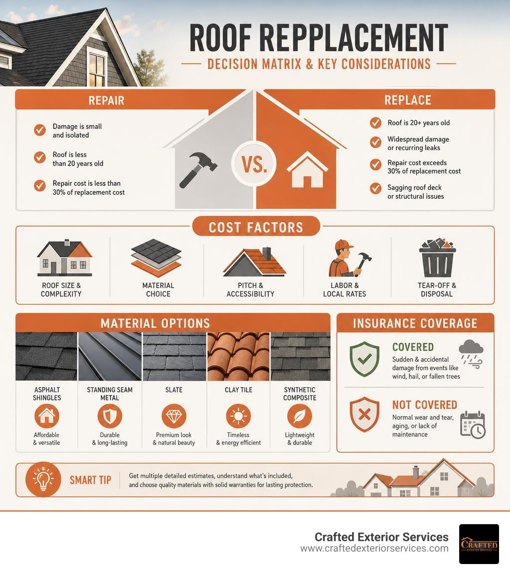 Roof replacement decision matrix: repair vs replace, cost factors, material options, insurance coverage infographic Roof replacement decision matrix: repair vs replace, cost factors, material options, insurance coverage infographic