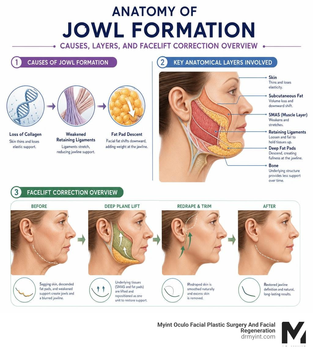 Anatomy of jowl formation: causes, layers, and facelift correction overview infographic Anatomy of jowl formation: causes, layers, and facelift correction overview infographic