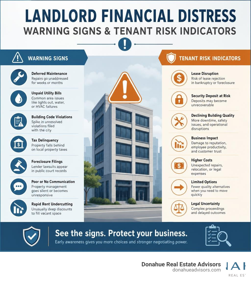 Landlord financial distress warning signs and tenant risk indicators infographic