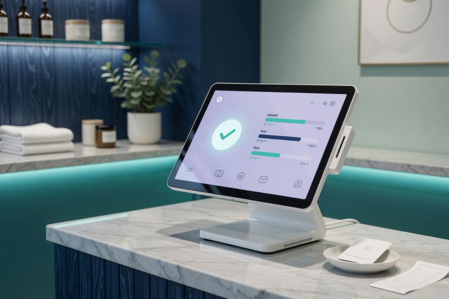 Sleek modern unbranded POS terminal showing clean light-colored interface with transaction metrics Sleek modern unbranded POS terminal showing clean light-colored interface with transaction metrics