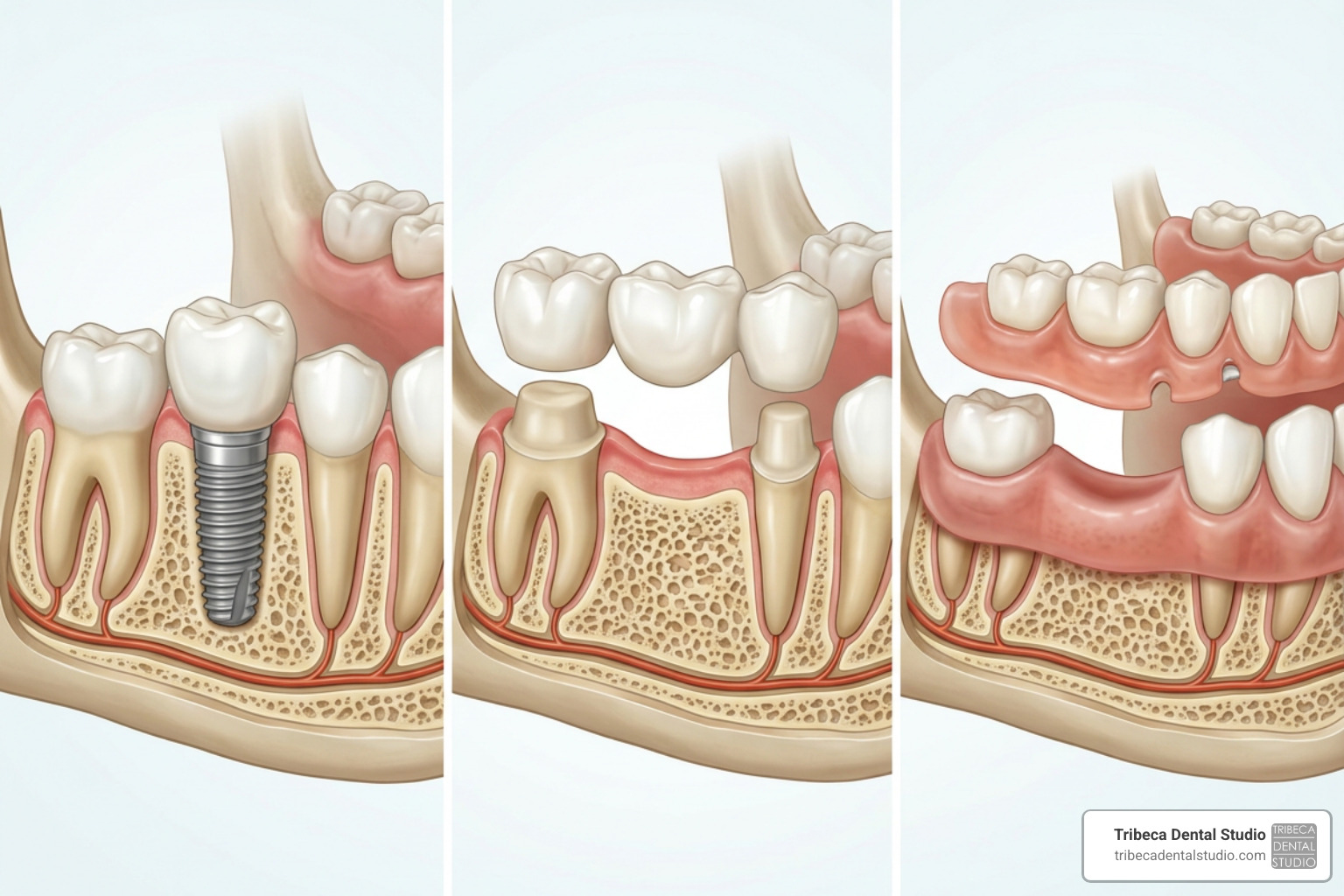 Comparison of tooth replacement options highlighting bone preservation and stability
