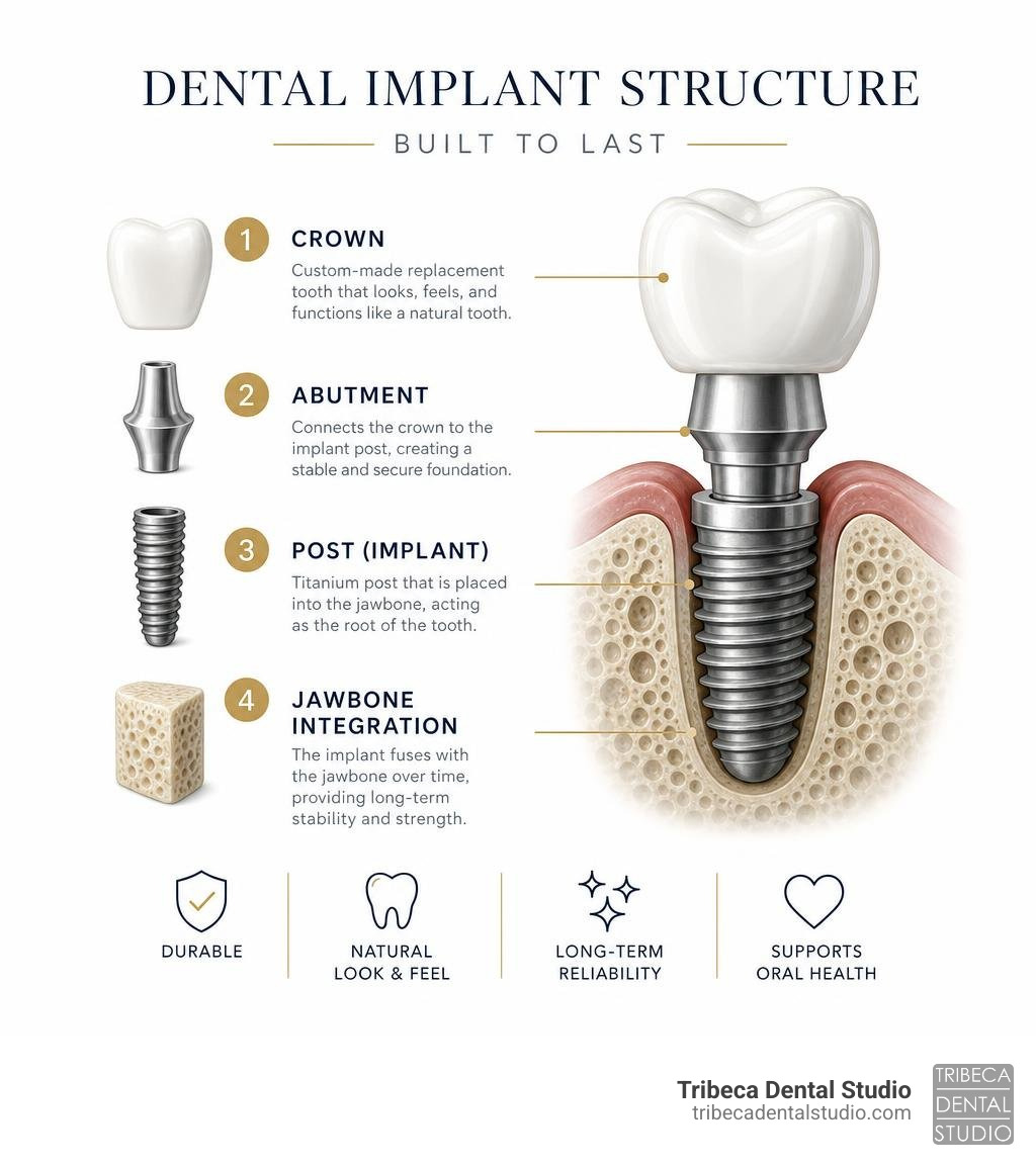 Dental implant structure: post, abutment, crown, and jawbone integration explained infographic