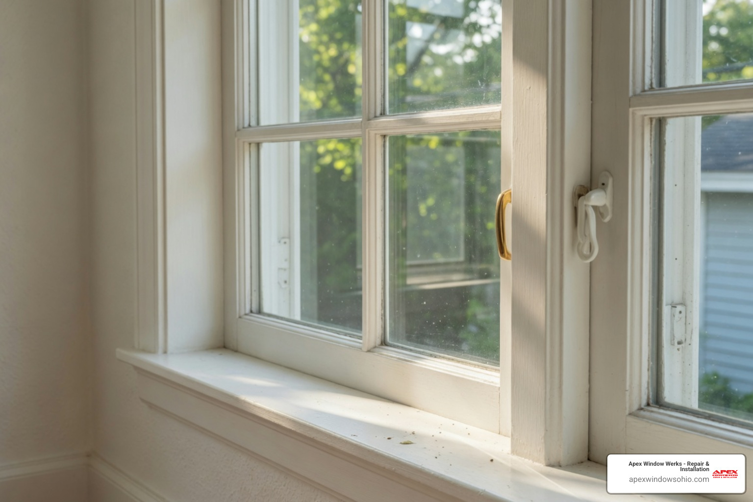 Technician installing a new white wooden window sash in a sunny Cleveland home Technician installing a new white wooden window sash in a sunny Cleveland home