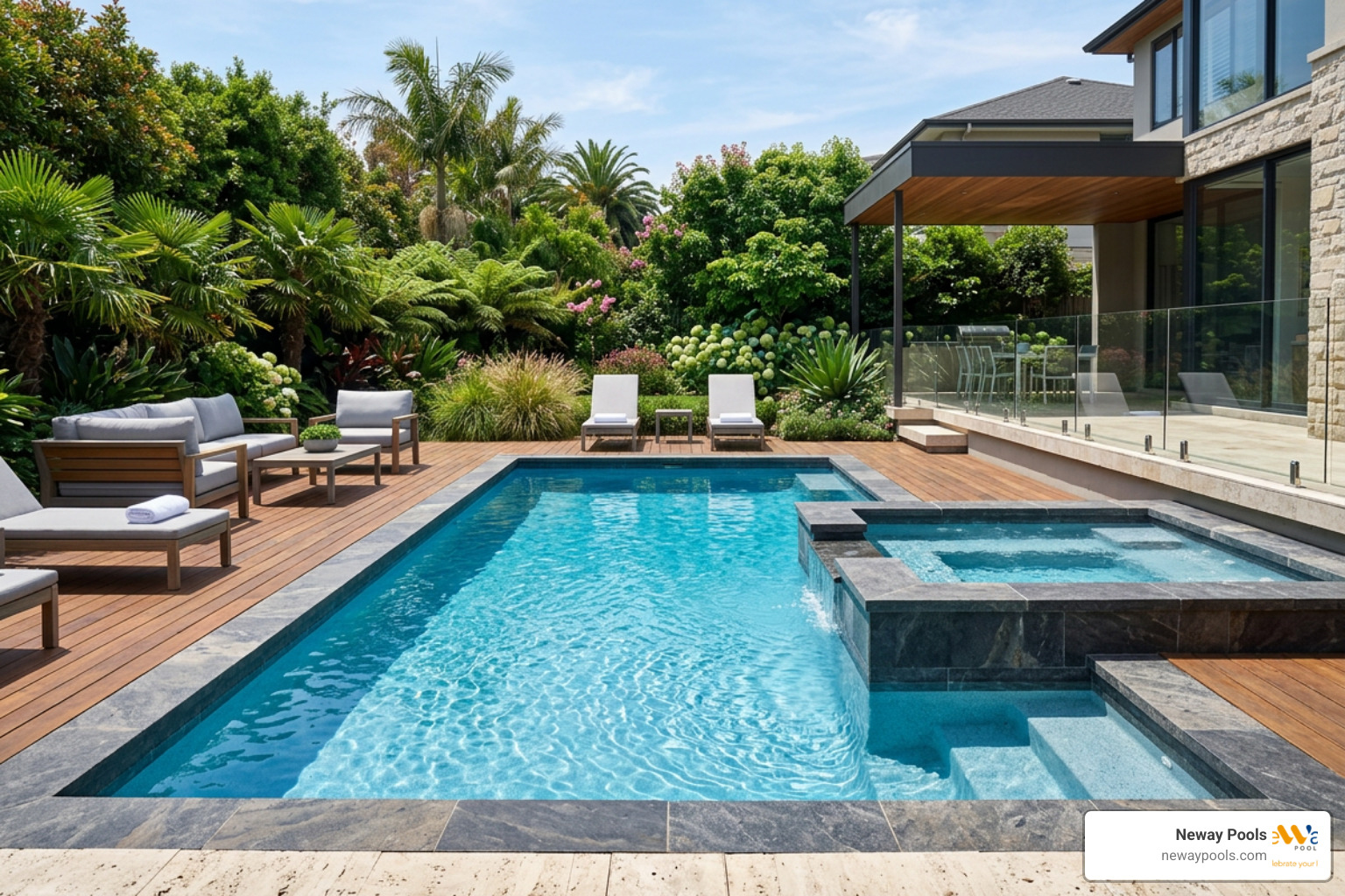 luxury backyard pool with integrated spa combo