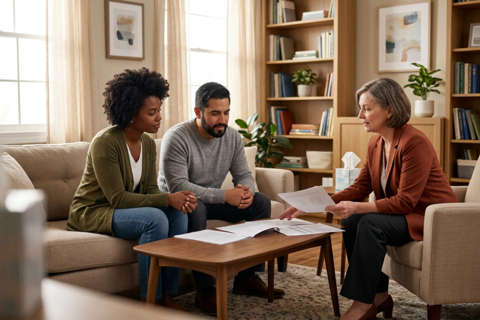 couple in a supportive therapy session reviewing relationship assessment results