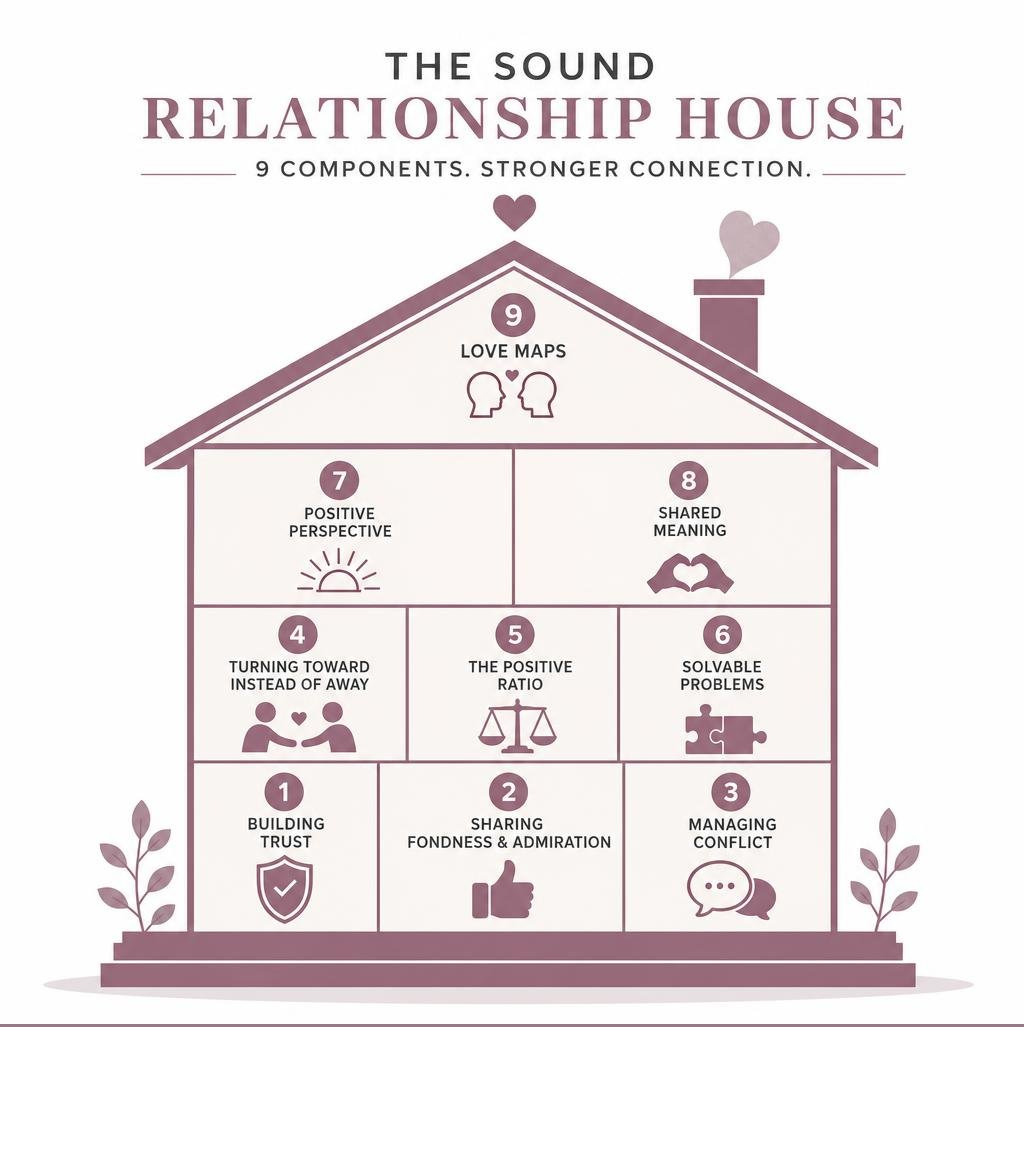 Infographic showing the Sound Relationship House framework with nine components from trust to love maps infographic