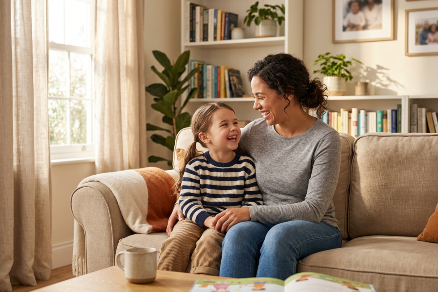 parent and child sitting together laughing, warm and bright living room environment