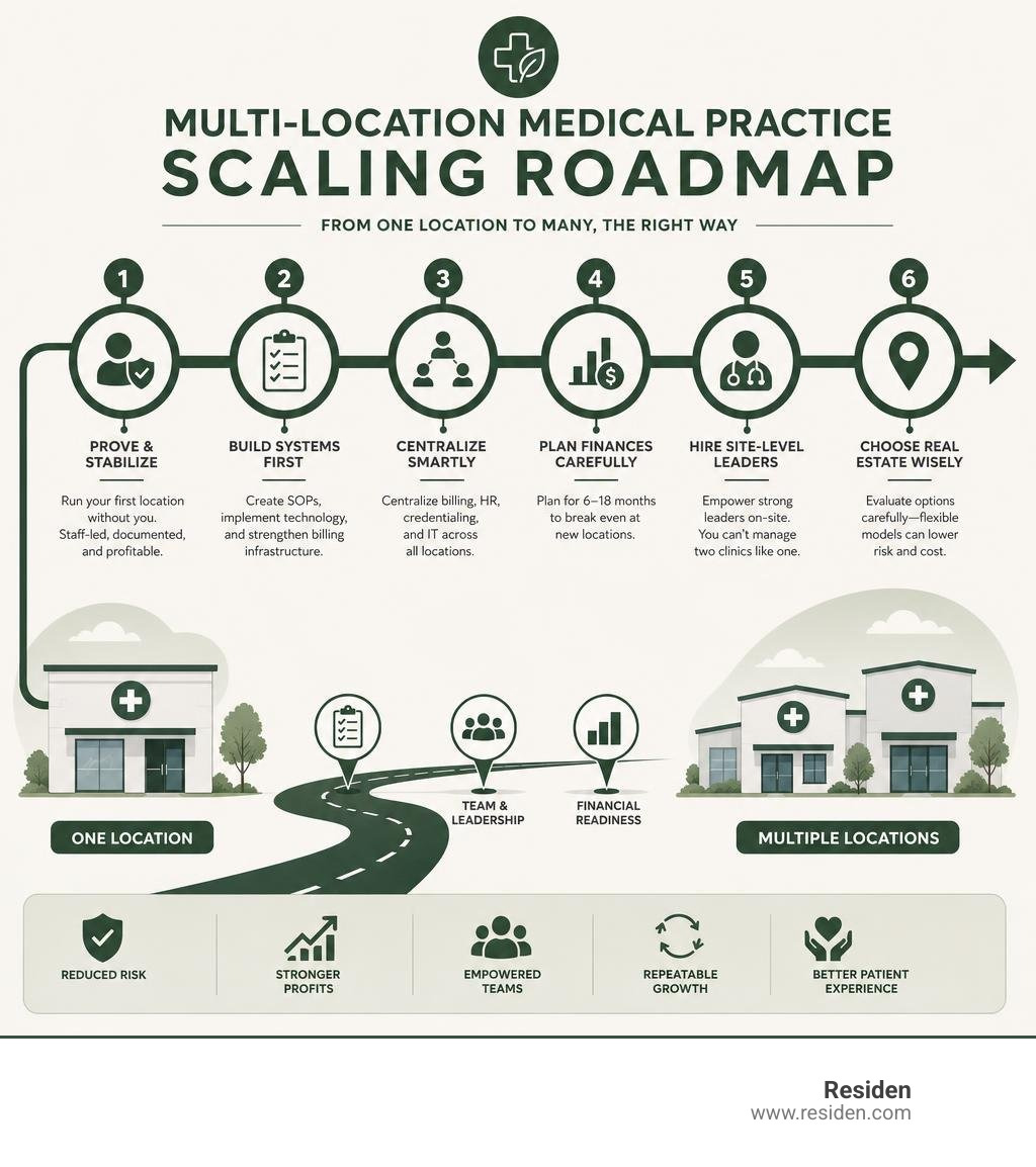 Multi-location medical practice scaling roadmap with key milestones and steps infographic