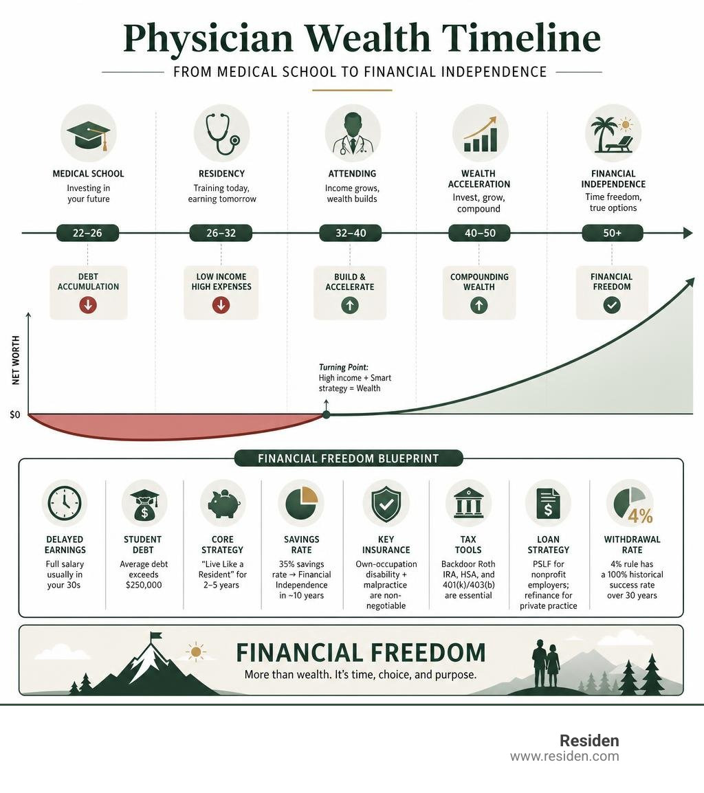 Physician wealth timeline from medical school to financial independence infographic infographic Physician wealth timeline from medical school to financial independence infographic infographic