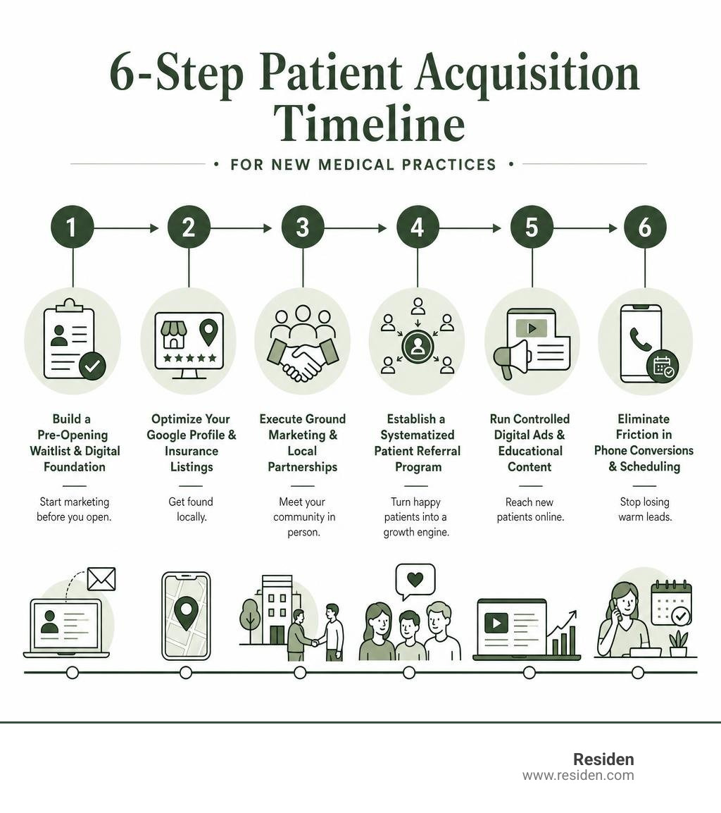 6-step patient acquisition timeline infographic for new medical practices infographic