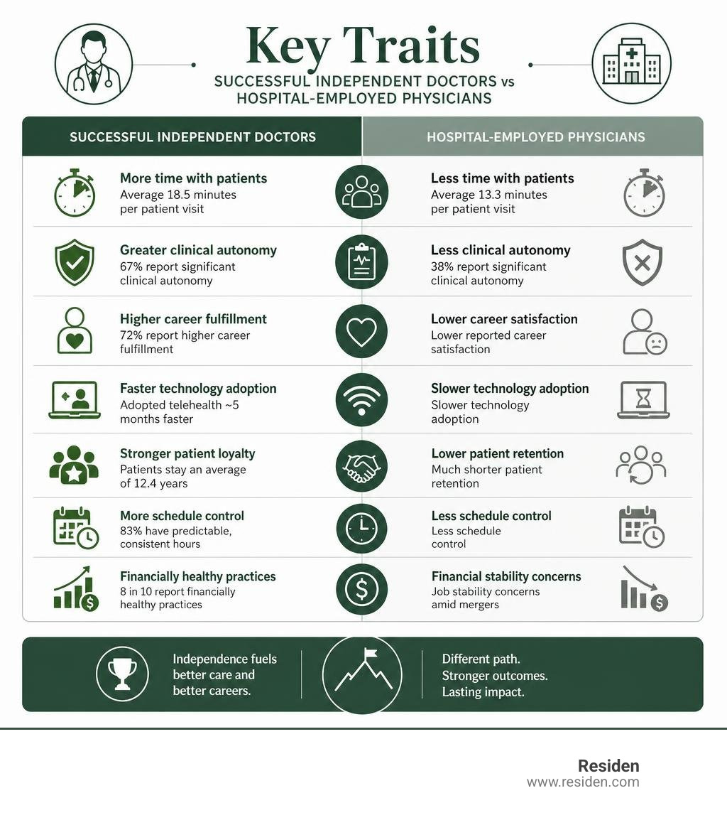 Key traits of successful independent doctors vs hospital-employed physicians infographic infographic