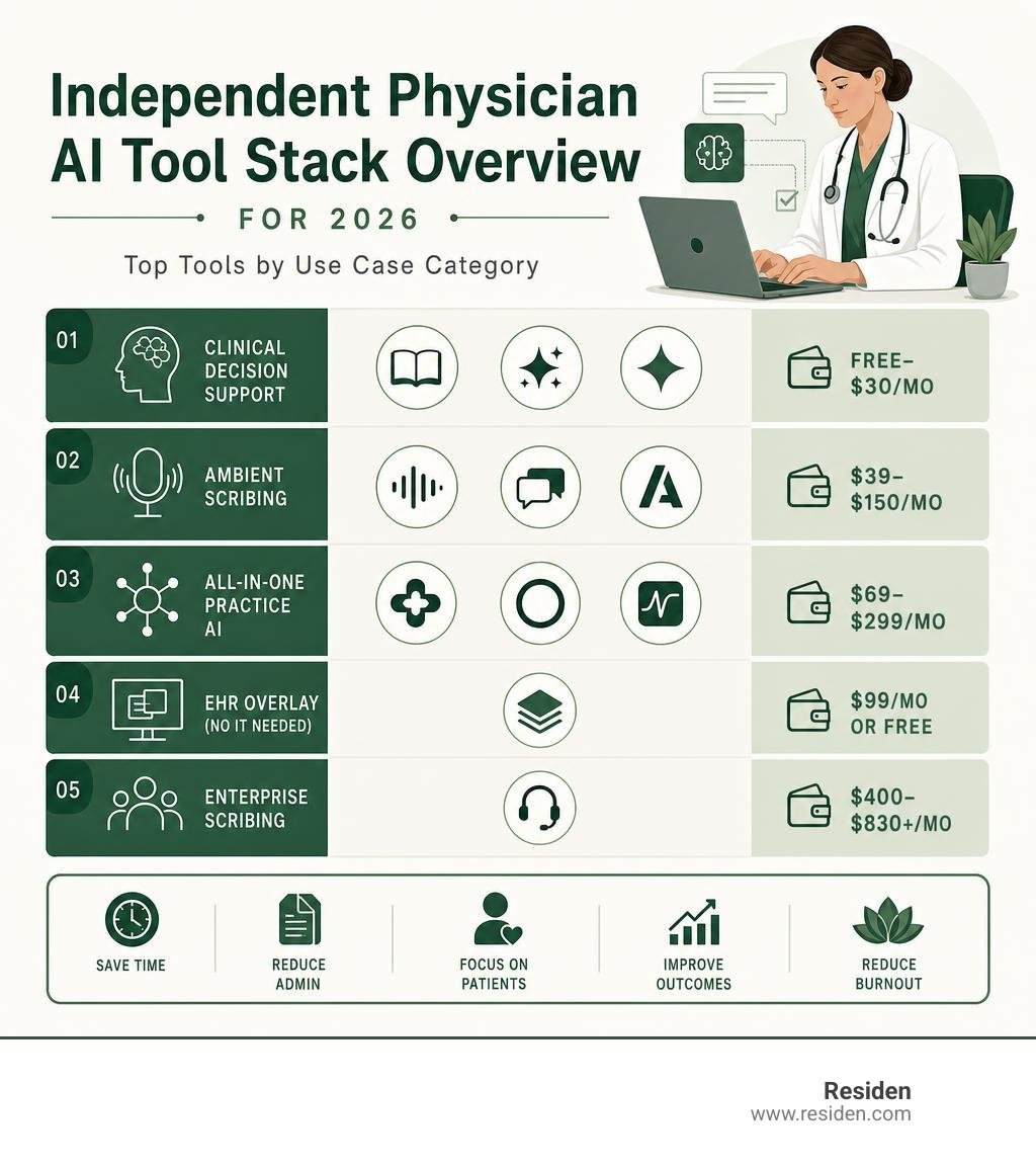 Independent physician AI tool stack overview for 2026 showing categories and top tools infographic Independent physician AI tool stack overview for 2026 showing categories and top tools infographic